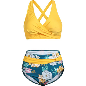 Conjunto de bikini floral estampado, top amarillo con cuello cruzado, parte inferior de cintura alta, traje de baño de dos piezas, ropa de playa, moda de verano - Product Image 2
