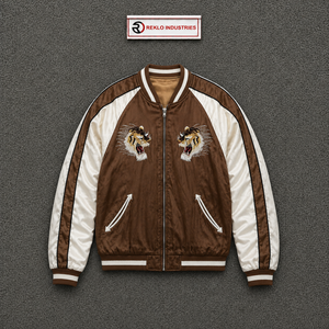 Veste de baseball en satin marron personnalisée avec des rayures contrastées blanches, broderie de luxe à double tête de tigre, veste bomber de luxe - Product Image 5
