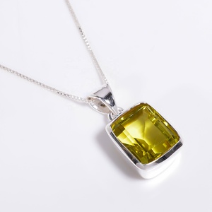 925 Silver Solitaire Pendant With <b>Emerald</b> Cut Citrine Gemstone Bezel Setting Minimalist Geometric Design Unisex Everyday Wear - Product Image 2