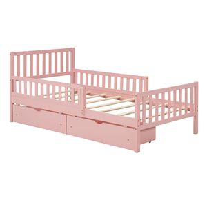 Letto a piattaforma in legno rosa per bambini, misura twin, con sponde su entrambi i lati e due cassetti contenitori - Product Image 4