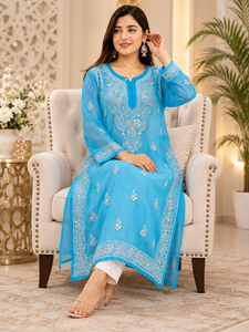 Kurta Droit Bleu Ciel Brodé Style Chikankari – Achetez Directement du Fournisseur - Product Image 2