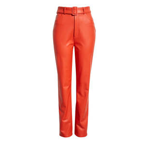 High Waisted <b>Red</b> Pu Leather Straight Leg Pants With <b>Belt</b> Formal Women's Trousers Autumn Full Length Flat Front leather pant - Product Image 1