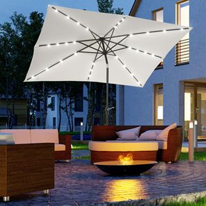 Ombrellone da Esterno Bianco 9 x 7 piedi con Manovella, Luci LED Solari e Pulsante di Inclinazione per Terrazza, Piscina e Uso Commerciale - Product Image 2