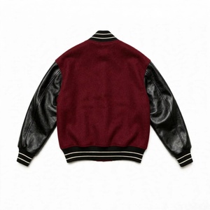 Veste varsity pour homme en laine marron avec manches en simili cuir noir, vêtement décontracté rétro à boutons pression, veste bomber avec poches - Product Image 2