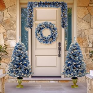Pre-Lit 4-Piece Christmas Set <b>LED</b> Lights Xmas <b>Tree</b> Garland Wreath Entrance Artificial Christmas Party Decoration - Product Image 1
