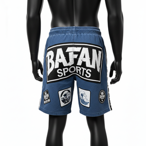 Shorts de baño de lujo para hombre, 150 GSM, microfibra de poliéster, azul denim oscuro, logotipo bordado en chenilla, diseño personalizado. - Product Image 5