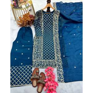 Designer Women's Top Plazzo Dupatta <b>Set</b> with <b>Embroidery</b> Sequence Work - Product Image 1