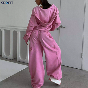 Conjunto Deportivo Oversize de Dos Piezas para Mujer, Color Rosa, Estilo Casual, con Sudadera con Capucha y Cierre y Pantalones Largos, Ecológico y Lavado - Product Image 2