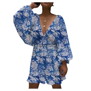 Robe longue en coton à col en V pour femme, style lanterne, sexy, imprimée à la main, collection été automne printemps, best-seller - Product Image 3