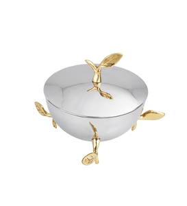 Tazón de Servir de Metal de Lujo con Tapa, Tazón Decorativo Plateado con Diseño de Hojas Doradas, Elegante Contenedor para Dulces, Frutos Secos y Golosinas - Product Image 1
