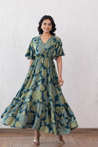 Robe midi en mousseline à imprimé floral, col en V, manches volantées, coupe trapèze ample, style bohème décontracté pour femme, pièce élégante pour l'été - Product Image 4