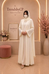 Robe Abaya élégante et modeste pour femmes |   Robe de soirée simple en organza brodée naturelle |   Manches de luxe ornées en gros - Product Image 2