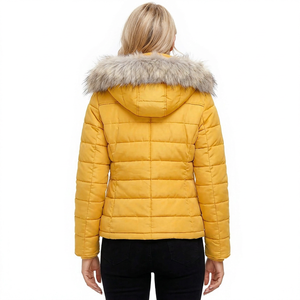 Women's Yellow Quilted Puffer Jacket With <b>Fur</b> <b>Trim</b> Hood And Zipper Pockets Winter Coat Full Sleeve Regular Length - Product Image 3