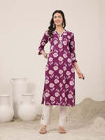 Kurti en coton imprimé fleuri violet avec pantalon blanc pour femme, tenue décontractée printemps-été, style traditionnel, magnifique Kurti pour femme
