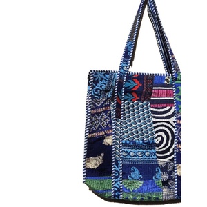 Custom Design Patchwork Quilted Silk Tote Bag Large Floral Pattern Women's Beach Shoulder Handbag blue color silk Bag - Product Image 3