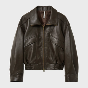 Blouson aviateur en cuir véritable marron pour homme, col rabattu, fermeture éclair, coupe courte, pour l'automne - Product Image 1