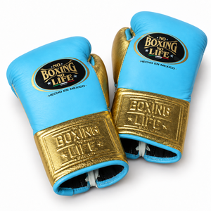 No Boxing No Life Gants de boxe en cuir respirants avec emballage personnalisé, logo bleu et or gaufré, sangle de poignet à lacets, pour l'entraînement - Product Image 2