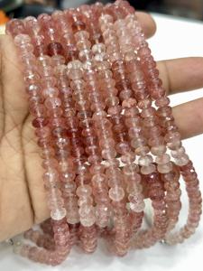 แหวนประดับลูกปัดพลอยธรรมชาติเกรด AAA สีชมพูสตรอเบอร์รี่ควอตซ์ทรงเหลี่ยมขนาด 8 มม. ความยาว 8 นิ้ว - Product Image 4