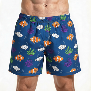 Men Blue Clownfish <b>Pattern</b> Quick Dry <b>Knitted</b> Swim Trunks Elastic Waist Casual Shorts - Product Image 1