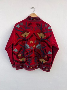 Veste en velours rouge brodée de fleurs, col mandarin, manches longues, taille plus pour femmes, vêtements d'hiver, style bohème chic de la Prairie - Product Image 2