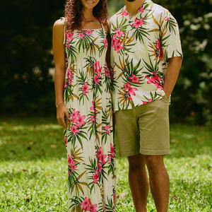 Conjunto de Ropa Personalizada de Estilo Tropical Hawaiano para Parejas, Fabricantes de Vestidos Elegantes sin Mangas para Mujer y Camisas con Cuello Abierto - Product Image 1