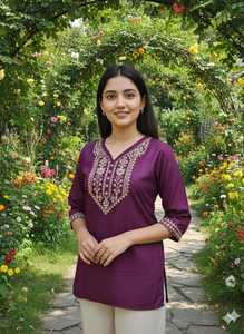 Women Wear Mustard Sual Cotton Tunic With Embroidered Neck And Cuffs Traditional Indian Casual Wear Midi Length Regular Fit - Product Image 5