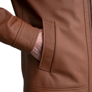 Custom Men's <b>Brown</b> <b>Leather</b> <b>Jacket</b> Classic Collar Premium Zip Up Coats OEM Private Label Apparel Manufacturer Wholesale Suppliers - Product Image 6