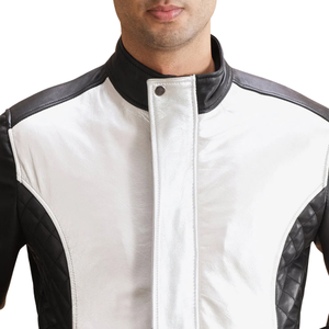 <b>Men</b>’s <b>Black</b> and White Genuine Leather Racer <b>Jacket</b> Two Tone Color Block Stand Collar Full Zip Casual Outerwear - Product Image 6