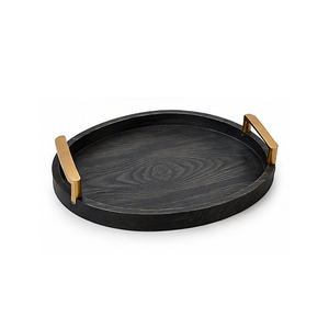Plateau de rangement rond en bois noir avec poignées dorées, design minimaliste pour table, un seul niveau, 40x40x25cm, finition laquée - Product Image 1