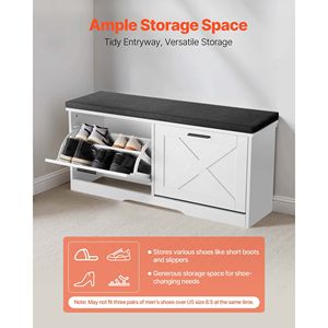 Banc de rangement à chaussures pour entrée de style farmhouse, 39,4 x 12,0 x 18,7 pouces, avec tiroirs rabattables, capacité de 440 lb, banc organisateur de chaussures étroit avec coussin - Product Image 2