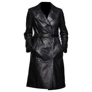 Custom Color Unisex <b>Men</b> PU Leather Long Trench Coat Printed Breathable Winter Wear Classic Overcoat with Stand Collar and <b>Belt</b> - Product Image 4
