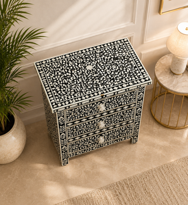 Bone Inlay Nightstand 2 Drawer Bedside <b>Table</b> Black <b>White</b> Wood Storage Cabinet for Bedroom Living Room - Product Image 3