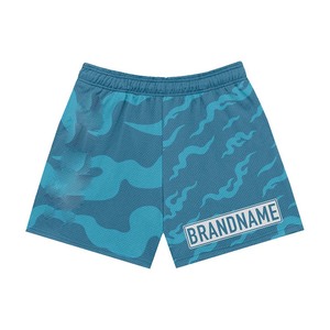 Pantalones cortos de malla de poliéster premium de 160 GSM para hombre, transpirables, con estampado de llamas azules y moradas, logotipo personalizado por sublimación. - Product Image 2