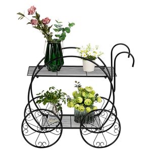 Carrello Portapiante Nero a 2 Livelli a Forma di Carrello per Arredamento da Esterno con Maniglia - Product Image 2