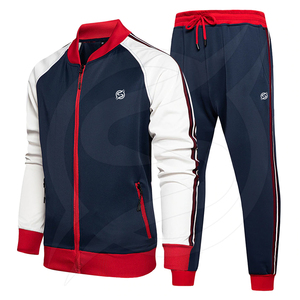 Ensemble de survêtement premium pour homme, bleu marine, blanc et rouge, à manches longues, avec fermeture éclair, vêtements de sport, jogging, respirant, coupe régulière, pour l'hiver - Product Image 1