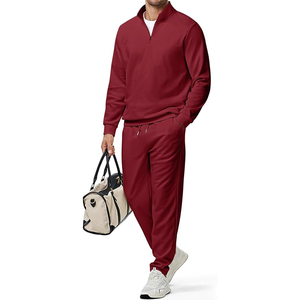 Men's Solid Red Cotton Tracksuit Quarter-Zip Sweater Pants <b>Set</b> Casual Autumn Wear - Product Image 1