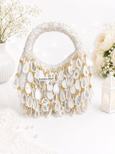 Elegant White Beaded Half Moon Handbag With Pearl Decoration Women's Wedding Party Purse - Product Image 6