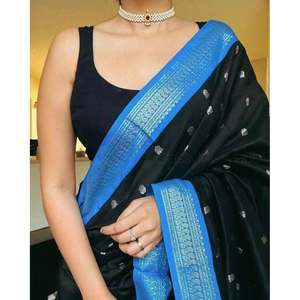 FANCY BANARASI BROCADO DE SEDA Y ORO ZARI TRABAJO SAREE CON BLUSA DESCOSADA SKY - Product Image 1