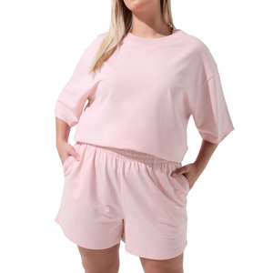 Ensemble short 2 pièces pour femme, col rond, manches courtes, couleur unie, tricoté, respirant, coupe ample, au-dessus du genou, avec poche - Product Image 1