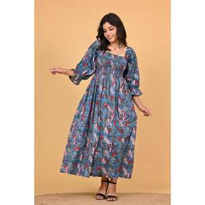 Vestido Largo de Algodón Estampado a Mano para Mujer, Vestido Maxi de Diseño Indio Hecho a Mano para Fiesta, Estilo Bohemio Étnico de Otoño - Product Image 3