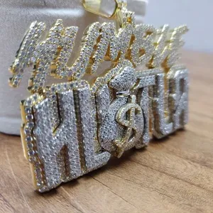 TISHYA DIAMOND Colgante de Fiesta Vintage con Nombre Personalizado, Estilo Hip Hop Humble Hustla Money Bag, con Moissanita y Piedras Engastadas, de Plata de Ley 925 Bañada en Oro - Product Image 1