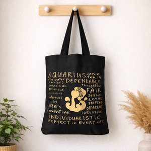 Sac fourre-tout en toile imprimé personnalisé avec motif Aquarius doré |   Sac de courses réutilisable, grand format 37x43cm, écologique, élégant, sac fourre-tout - Product Image 1