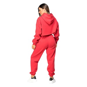 Conjunto Deportivo de Sudadera Corta Roja para Mujer, Manga Larga, Color Sólido, Corte Holgado Informal, con Bolsillos Laterales, Cintura Elástica, Ropa de Otoño - Product Image 3