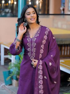 Purple Embroidered <b>Women</b> Salwar Kameez Set Long Sleeve <b>Kurta</b> Palazzo Pants Shawwarah for Party Wedding - Product Image 3
