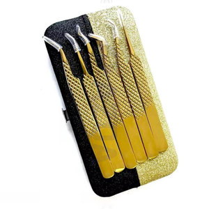 Pincettes pour extensions de cils en acier inoxydable de couleur dorée, avec poignées à prise diamantée, pour l'application et le coiffage des cils, 6 pièces - Product Image 3
