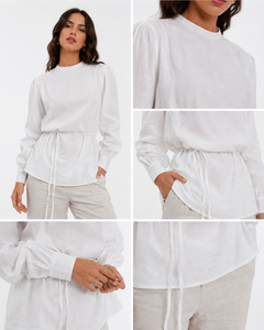 Ensemble élégant de chemisier en lin blanc et de pantalon large |   Tenue Chic d'été pour la Plage et Tenue Décontractée de Jour pour Femmes - Product Image 6