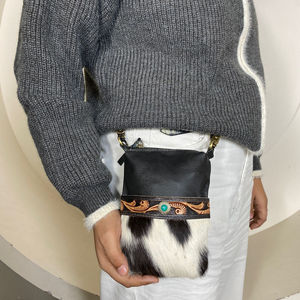 New High-Quality Western Hand Tooled Cowhide Leather Waist <b>Bag</b> with Small <b>Phone</b> Purse <b>for</b> Women's Motorcycle Riding Hip Pouch - Product Image 5