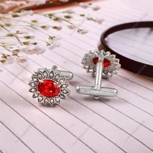 Mancuernillas Florales de Circonio Rojo para Hombre, Tono Plateado, Accesorios para Camisa Formal de Boda, Regalo de Negocios para Novio, Joyería de Lujo - Product Image 1