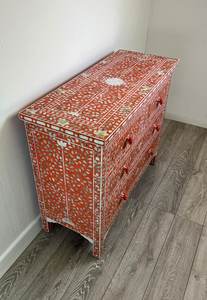 Mother of Pearl Inlay <b>Chest</b> of Drawers Handmade Handmade Red White Floral Inlay Antique Style Bedroom <b>Storage</b> Cabinet - Product Image 4