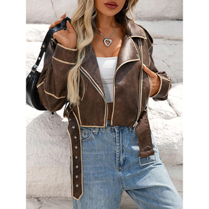 Women <b>Long</b> Sleeve Outerwears Cropped Bomber Jacket Faux Leather Autumn Winter Vintage Short <b>Coats</b> - Product Image 6